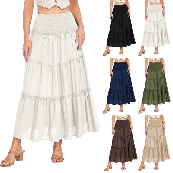 larppty Skirts for Women Trendy Flowy Ruffle Smocked Waist A-line Boho Swing Long Skirt with Pockets Beach Vacation(Navy, L)