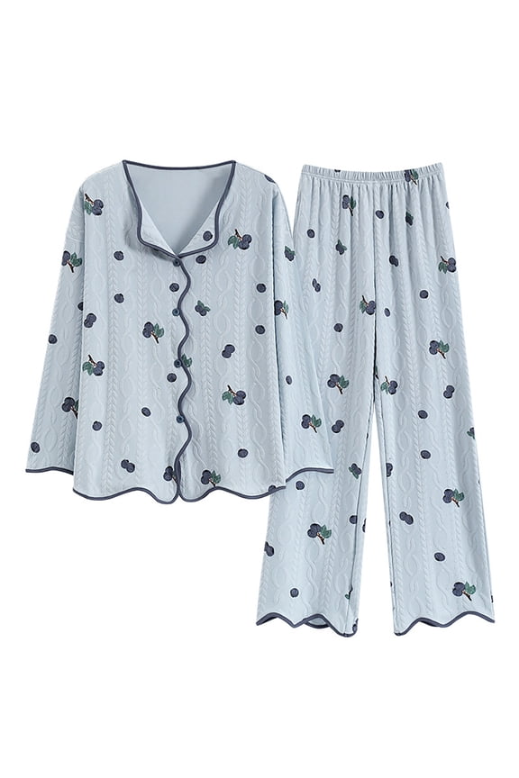 Soft Cotton Button Pajama Set for Women & Teens - Crewneck Long Sleeve Long Pants Comfort Sleepwear（Blue，L）