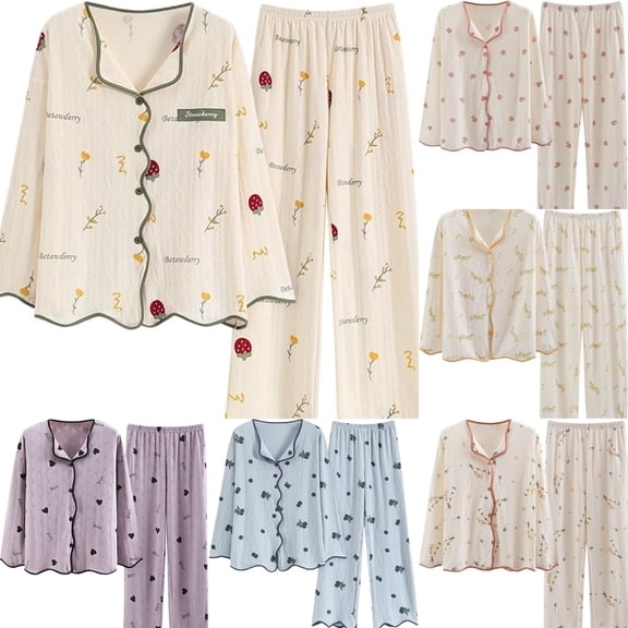 larppty Soft Cotton Button Pajama Set for Women & Teens - Crewneck Long Sleeve Long Pants Comfort Sleepwear（Blue，M）