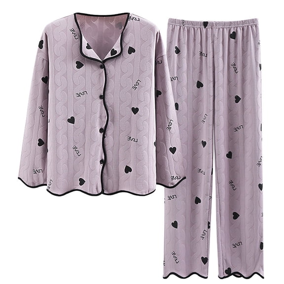 larppty Soft Cotton Button Pajama Set for Women & Teens - Crewneck Long Sleeve Long Pants Comfort Sleepwear(Dark Purple,M)