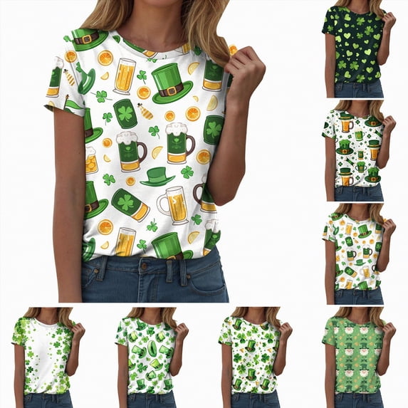 larppty St Patricks Day Shirt Women Short Sleeve Crew Neck Irish Shamrock Tops Loose Fit Luck Leaf Clover Patricks Shirt (Gold, XL)