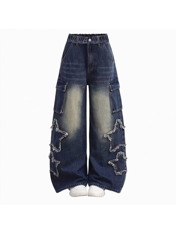 Star Jeans for Girls Baggy Cute Patchwork Denim Pants Y2k High Waisted Jeans Grunge Aesthetic Clothes