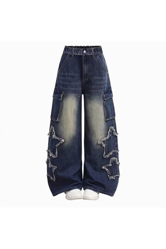 Star Jeans for Girls Baggy Cute Patchwork Denim Pants Y2k High Waisted Jeans Grunge Aesthetic Clothes