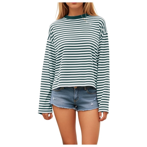 larppty Striped Long Sleeve Shirt Women Y2k Oversized Crewneck Vintage Tops Fall Winter Drop Shoulder Pullover (Green, S)