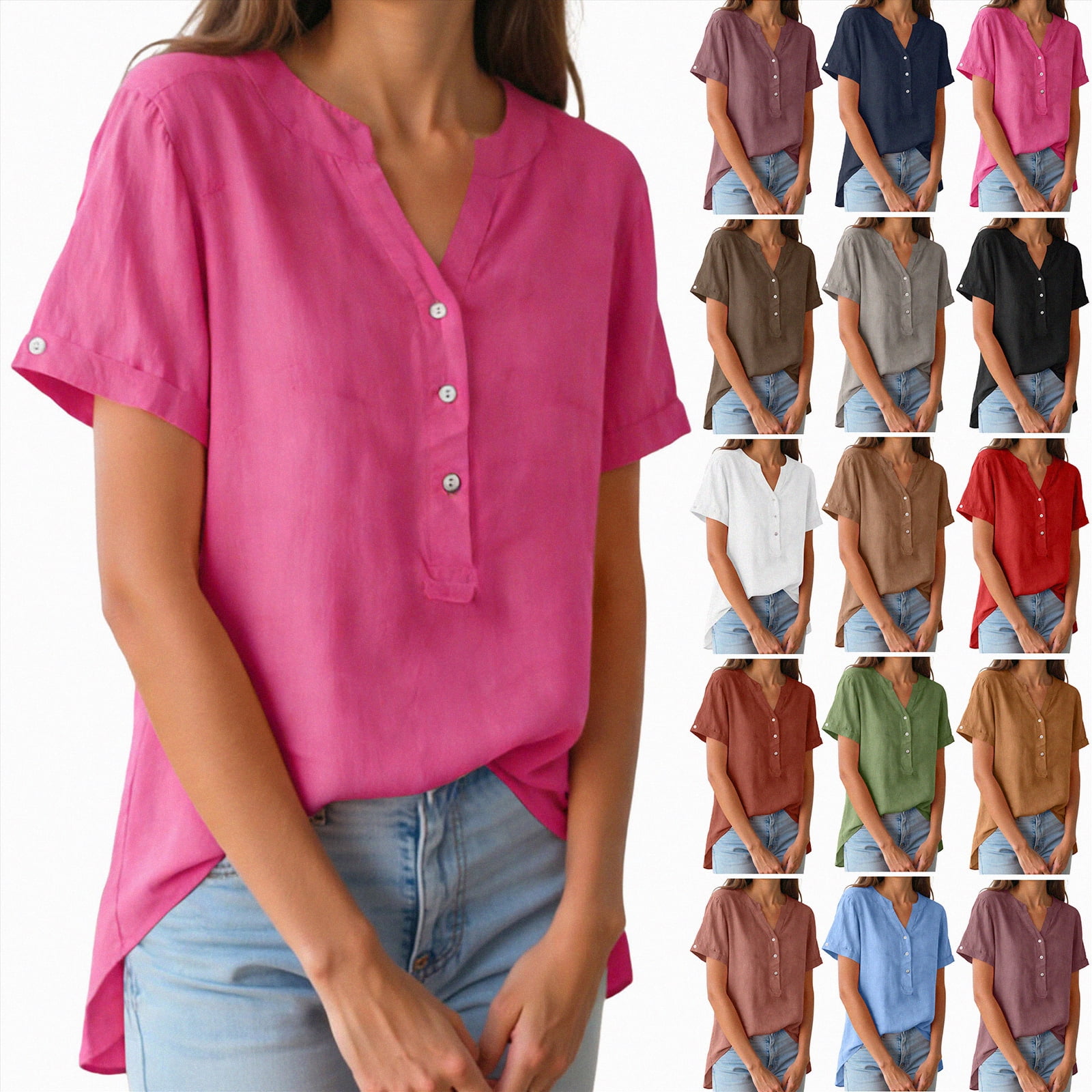 larppty Summer Linen Tops for Women 2026 Trendy Short Sleeve Henley ...