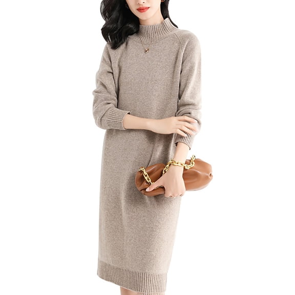 larppty Sweater Dress for Women Trendy Half High Collar Knitted Dress Casual Fall Winter Long Sleeve Elegant Midi Dress（Beige，M）
