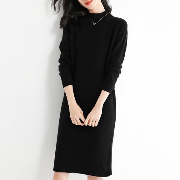 larppty Sweater Dress for Women Trendy Half High Collar Knitted Dress Casual Fall Winter Long Sleeve Elegant Midi Dress(Black,M)