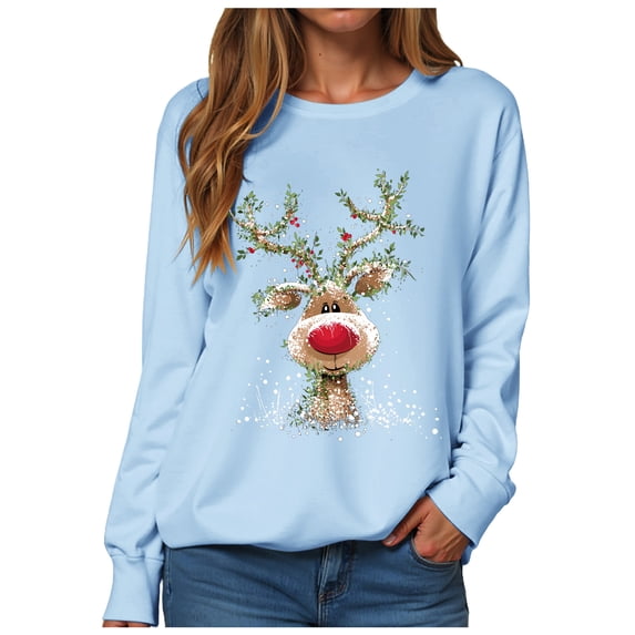 larppty Sweatshirt Women Christmas Reindeer Print Long Sleeve Sweater Xmas Crewneck Pullover Casual Blouse Tops (Sky Blue, L)