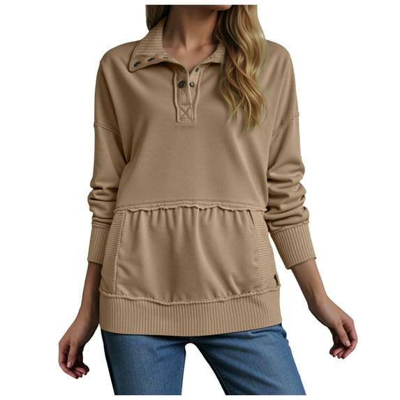 larppty Sweatshirts for Women 2025 Fashion Fall V Neck Button Down Long Sleeve Pullover Tops Loose Fit (Brown, S)