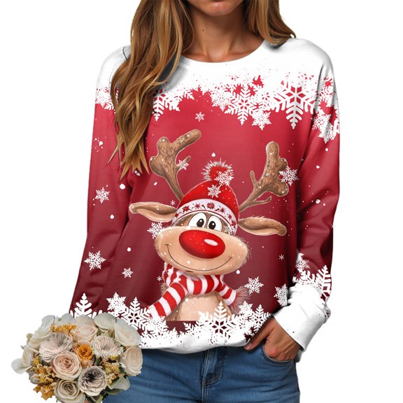larppty Sweatshirts for Women Christmas 2025 Long Sleeve Reindeer Graphic Tees Shirt Cute Xmas Crewneck Pullover Tops Fashion Clothes (Wine, S)