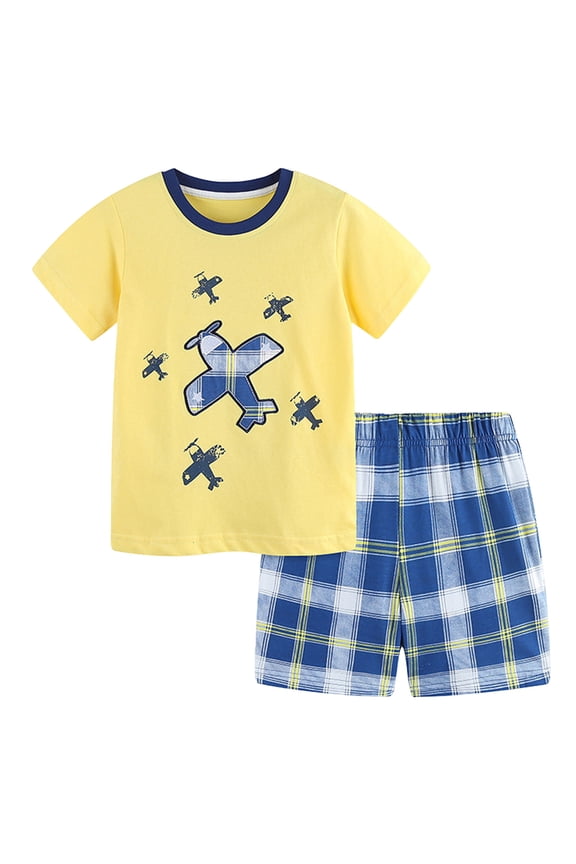 Toddler Baby Boy 2-Piece Summer Outfit – Short Sleeve T-Shirt & Shorts Set, Soft Cotton, Cute Vehicle & Dinosaur Prints, Casual Playwear for Kids 1-7 Years(Yellow, 1-2 Years)