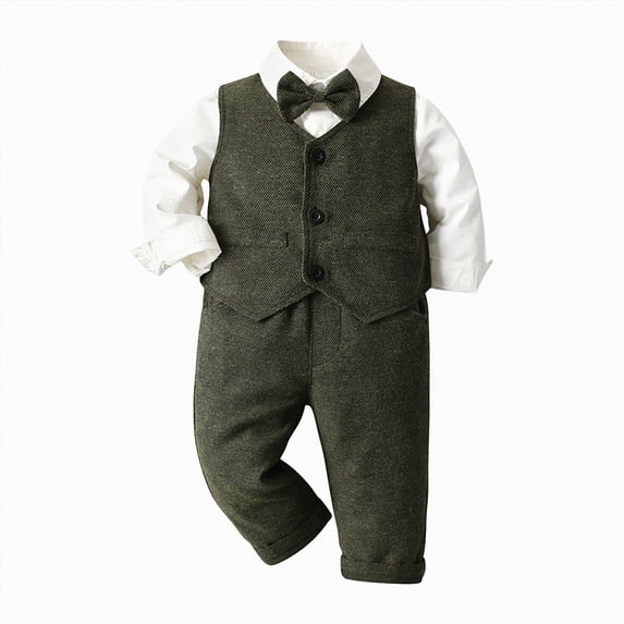 larppty Toddler Baby Boy Clothes Suit Gentleman Wedding Outfits, Formal Dress Shirt+Bowtie+Vest+Boutonniere+Suspender Pants (AG,4-5 Years)