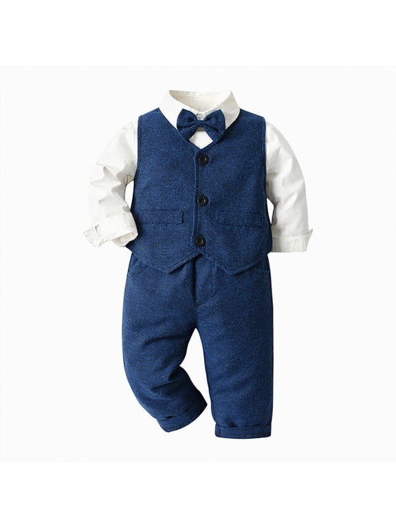 Toddler Baby Boy Clothes Suit Gentleman Wedding Outfits, Formal Dress Shirt+Bowtie+Vest+Boutonniere+Suspender Pants (Blue,3-6 Months)