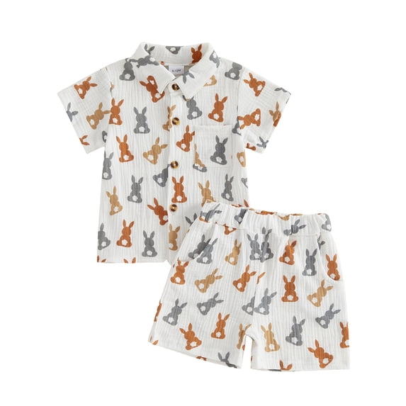 larppty Toddler Baby Boy Easter Outfit Carrot Print Button Down Short Sleeve Muslin Shirt Top Shorts Set Spring Clothes(White, 2-3 Years)