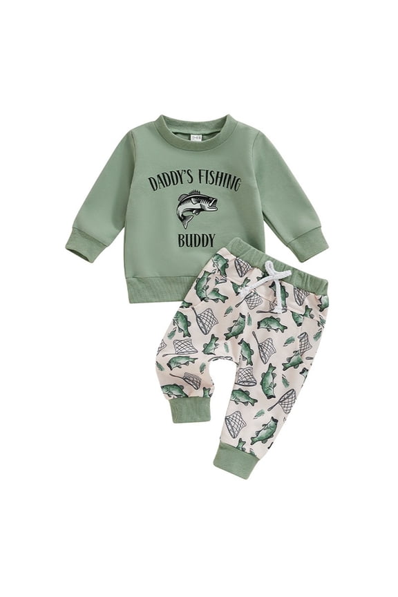 Toddler Baby Boy Fall Outfit Daddys Fishing Buddy Long Sleeve Sweatshirt Pullover Tops Camouflage Pants Clothes Set(Green,2-3 Years)