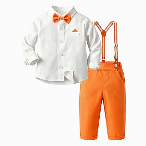 larppty Toddler Baby Boy Suit Clothes Gentleman Wedding Outfits Long Sleeve Dress Shirt + Suspender Pants + Bowtie (Orange,12-13 Years)