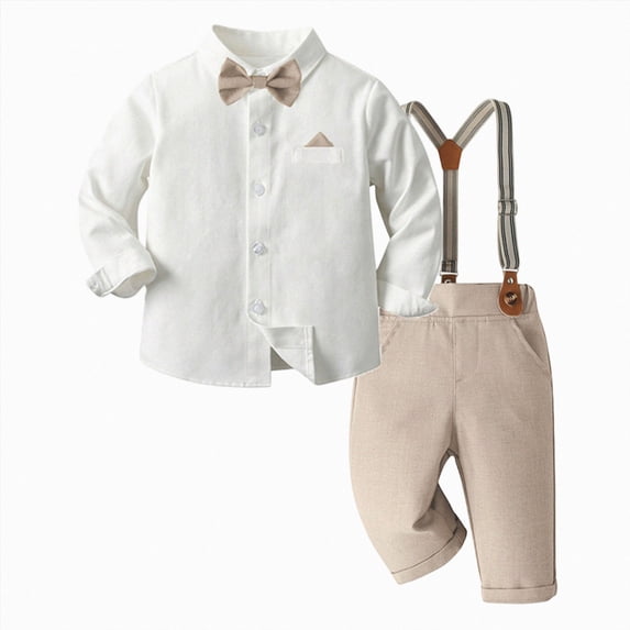 larppty Toddler Baby Boy Suit Clothes Gentleman Wedding Outfits Long Sleeve Dress Shirt + Suspender Pants + Bowtie (White,18-24 Months)