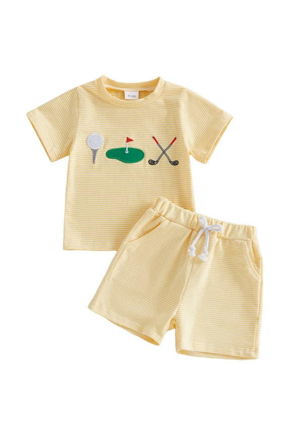Toddler Baby Boy Summer Outfit Golf Embroidery Striped Short Sleeve T Shirt Shorts Set 2Pcs Outfit (Yellow, 2-3 Years)