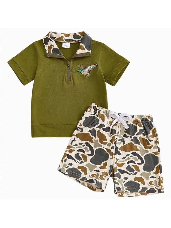 Toddler Baby Boy Summer Outfit Mallard Duck Deer Hunting Button Collared Short Sleeve Shirt Camo Shorts Clothes Set (2-3 Years,Green)