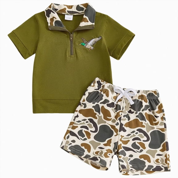 larppty Toddler Baby Boy Summer Outfit Mallard Duck Deer Hunting Button Collared Short Sleeve Shirt Camo Shorts Clothes Set (6-12 Months,Green)