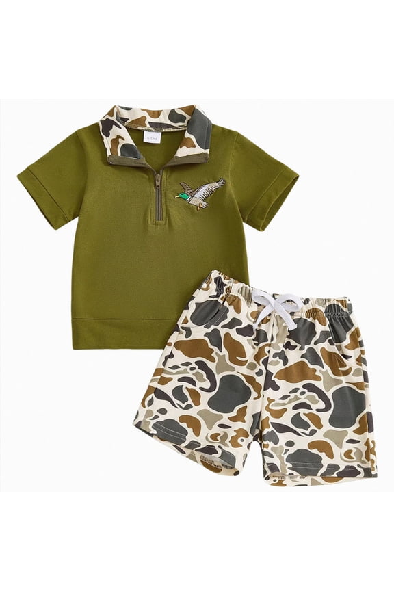 Toddler Baby Boy Summer Outfit Mallard Duck Deer Hunting Button Collared Short Sleeve Shirt Camo Shorts Clothes Set (6-12 Months,Green)