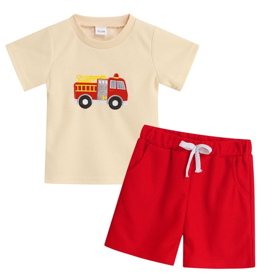 larppty Toddler Baby Boys Summer Outfit, Short Sleeve Waffle Knit Fire Truck/Garbage Truck Embroidered T-Shirt + Drawstring Pocket Shorts Set(Red, 12-18 Months)