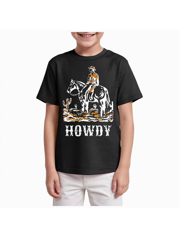 Toddler Baby Boys Western T-Shirt Rodeo Howdy Graphic Shirt Kids Cowboy Outfits Summer Country Crewneck Tee Top(7-8 Years,Black)