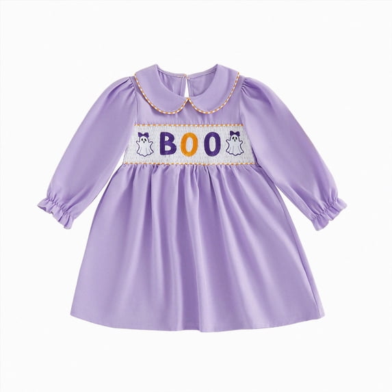 larppty Toddler Baby Girl Halloween Outfit Plaid Smocked Dress Pumpkin Ghost Long Sleeve Dresses Girls Fall Winter Clothes