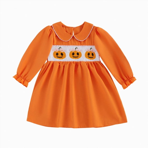 larppty Toddler Baby Girl Halloween Outfit Plaid Smocked Dress Pumpkin Ghost Long Sleeve Dresses Girls Fall Winter Clothes