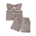 thumbnail image 1 of larppty Toddler Baby Girl Outfit Peter Pan Collar Sleeveless Vest Tops Gingham Print Elastic Waist Shorts Set Summer Clothes（Coffee， 18-24 Months）, 1 of 3