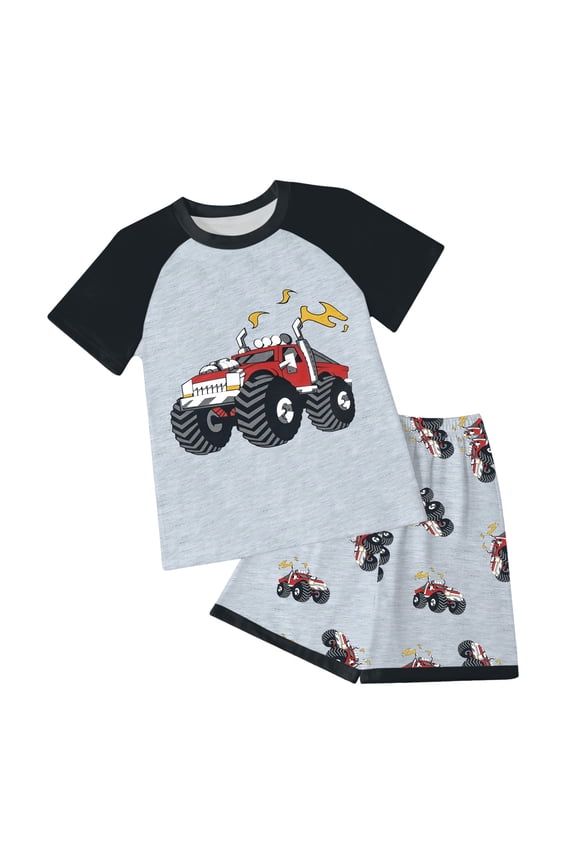 Toddler & Big Boy 2-Piece Monster Truck Outfit – Raglan Short Sleeve T-Shirt & Shorts Set, Casual Playwear for Kids 2-12Y(Black, 7-8 Years)