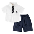 thumbnail image 1 of larppty Toddler Boy 2-Piece Formal Outfit – Short Sleeve Button Down Shirt with Tie & Shorts Set, Gentleman Style for Kids 2-7 Years（Navy， 4-5 Years）, 1 of 7