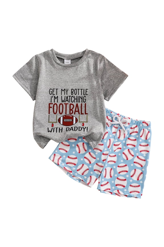 Toddler Boy 2-Piece Sports Outfit – Short Sleeve "Watching Football with Daddy" T-Shirt & Baseball Print Shorts Set, Casual Playwear for Kids 9M-3Y(Grey, 2-3 Years)