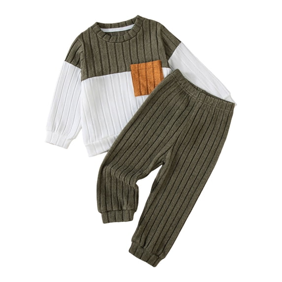 larppty Toddler Boy Clothes Fleece Fall Winter Outfit Color Block Ribbed Long Sleeve Sweatshirt and Pants 2Pcs Set 12M-8T(Army Green,18-24 Months)