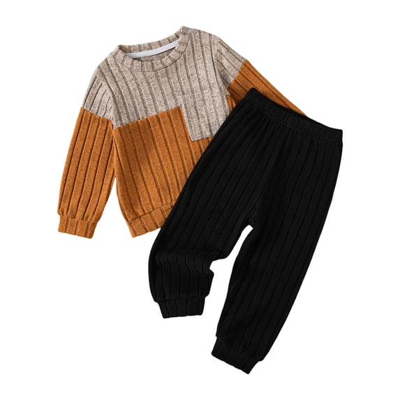 larppty Toddler Boy Clothes Fleece Fall Winter Outfit Color Block Ribbed Long Sleeve Sweatshirt and Pants 2Pcs Set 12M-8T(Brown,12-18 Months)