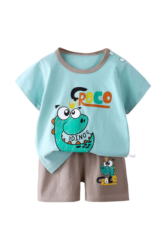 Toddler Boy Summer Clothes Outfits Kids Cotton Short Sleeve Shirt Shorts Set(Blue,18-24 Months)