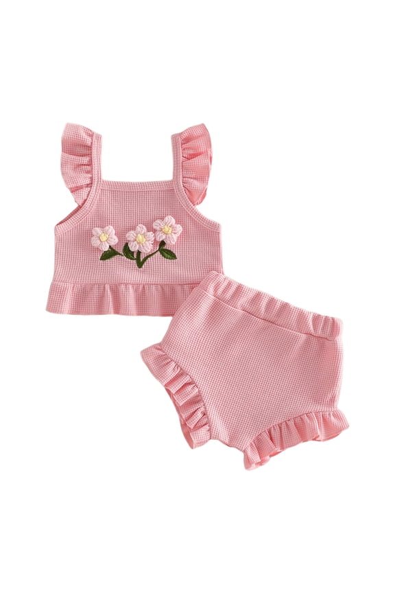Toddler Girl 2Pcs Summer Outfit Flower Embroidery Waffle Cami Top and Ruffle Shorts Kids Sweet Clothes Set(Red, 6-12 Months)
