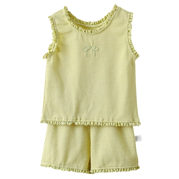 larppty Toddler Girl Baby Summer 2-Piece Sleeveless Pajama Set, Korean Style Ruffled Vest & Shorts, Soft Cotton Sleepwear for Girls Ages 6M-6Y(Light Green, 3-4 Years)