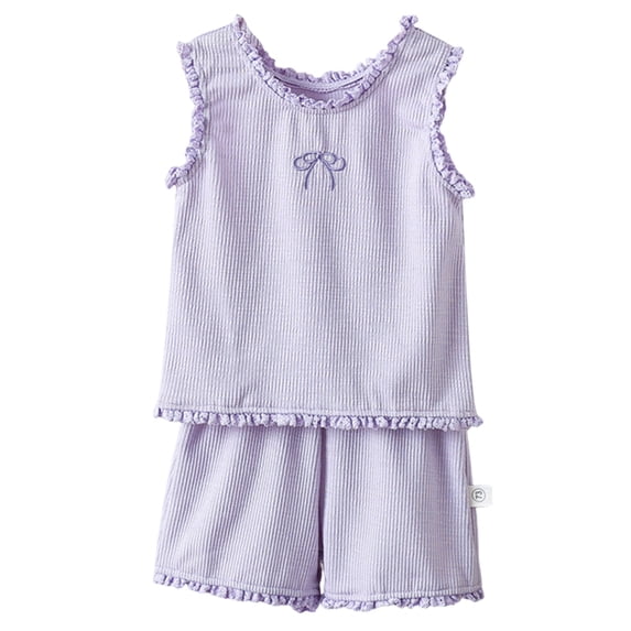 larppty Toddler Girl Baby Summer 2-Piece Sleeveless Pajama Set, Korean Style Ruffled Vest & Shorts, Soft Cotton Sleepwear for Girls Ages 6M-6Y(Light Purple, 4-5 Years)