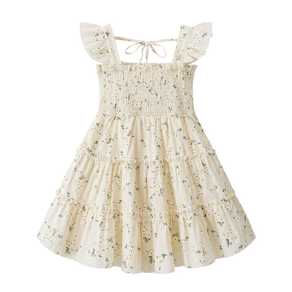 larppty Toddler Girl Dress Ruffle Sleeveless Princess Dresses, Summer Dress Beach Sundress(Beige, 3-4 Years)