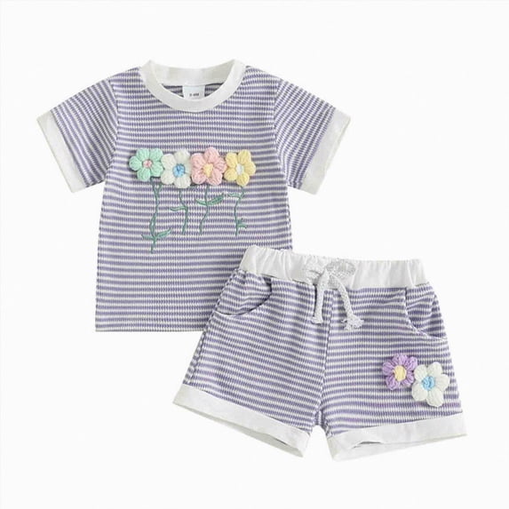 larppty Toddler Girl Summer Outfit Infant Baby Crochet Flower Ruffle Short Sleeve Ribbed Knit Tops and Shorts Set for 0-6T (Z01-Purple, 9-12 Months)