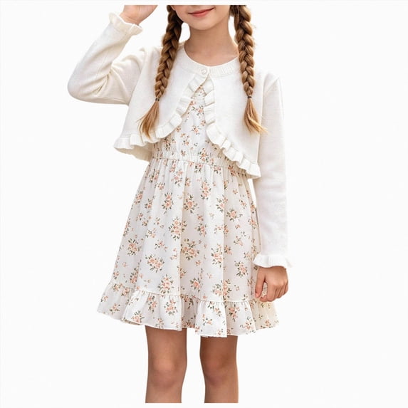 larppty Toddler Girls Cardigan Sweater Bolero Shrug Baby Kids Long Sleeve Cropped Dress Up Button Closure Jacket Tops (White,5-6 Years)