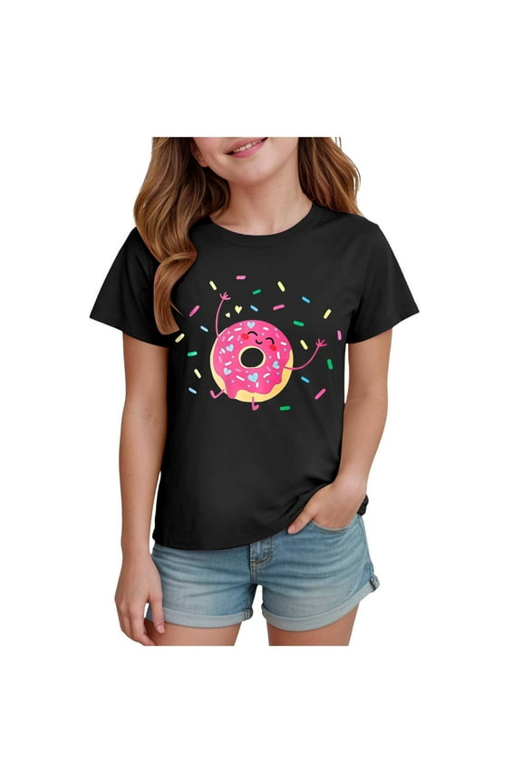 Toddler Girls Clothes T-Shirt Short Sleeve Donut Graphic Tee Cartoon 2-14T Girl Shirt Summer (Black, 7-8 Years)