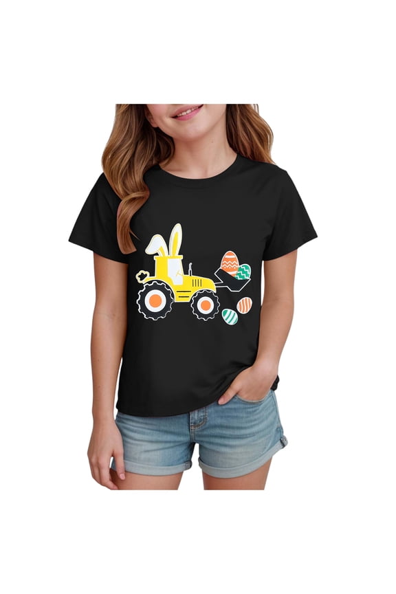 Toddler Girls Easter Shirt Tractor Bunny Clothes Tees for Kids Egg Excavator T-Shirt 1-14 Years (Black, 5-6 Years)