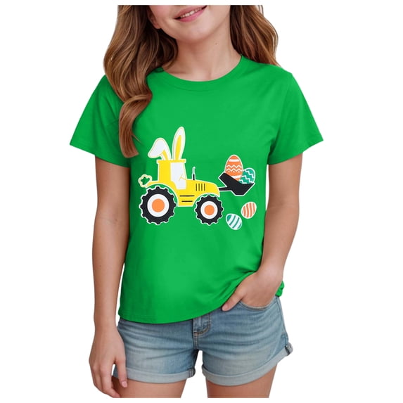 larppty Toddler Girls Easter Shirt Tractor Bunny Clothes Tees for Kids Egg Excavator T-Shirt 1-14 Years (Green, 2-3 Years)
