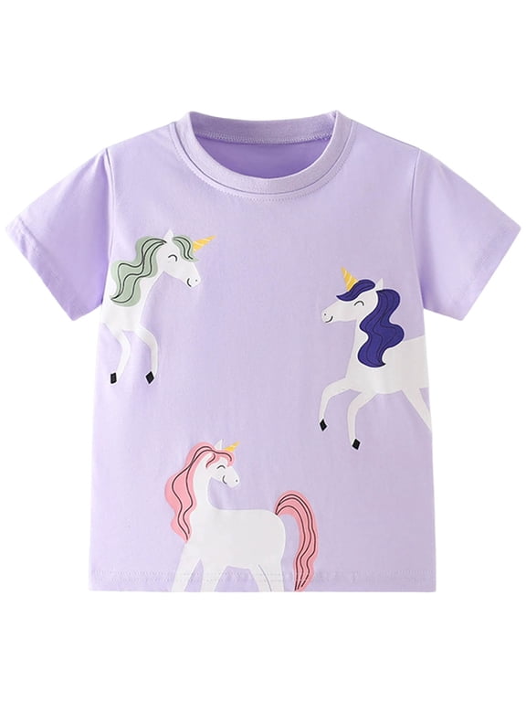 Toddler Girls Short Sleeve Shirts Unicorn Graphic Cotton Shirt Tee Summer T-Shirts for Girls 2-8 Years(Purple, 2-3 Years)