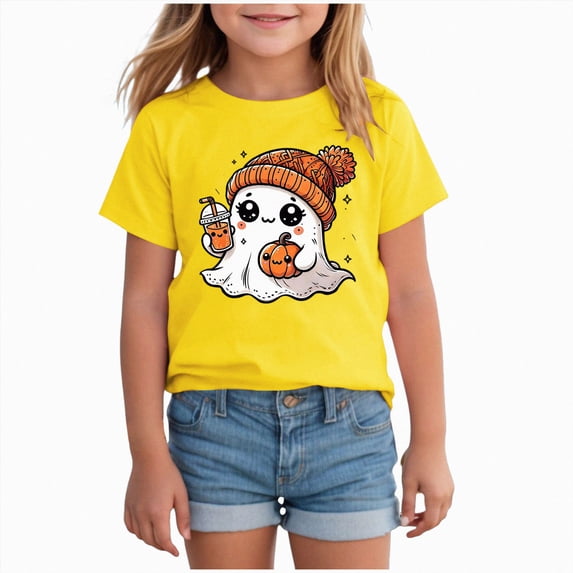 larppty Toddler Halloween Shirt Baby Boy Girl Cute Ghost Tshirt Pumpkin Short Sleeve Tee Top Kids Spooky Season Fall Outfit (Yellow,12-13 Years)