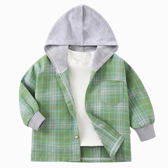 larppty Toddler Kids Boys Girls Flannel Hooded Plaid Shirt Button Baby Red Clothes (Green,3-4 Years)