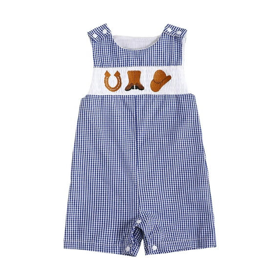 larppty Toddler Western Baby Boy Clothes Horse Riding Embroidery Smocked Jumpsuit Sleeveless Romper Spring Summer Outfit(Blue, 3-6 Months)