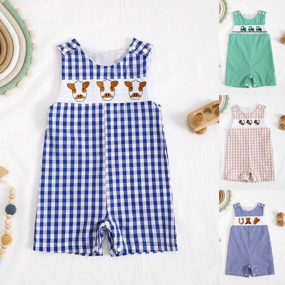 larppty Toddler Western Baby Boy Clothes Horse Riding Embroidery Smocked Jumpsuit Sleeveless Romper Spring Summer Outfit(Brown, 12-18 Months)
